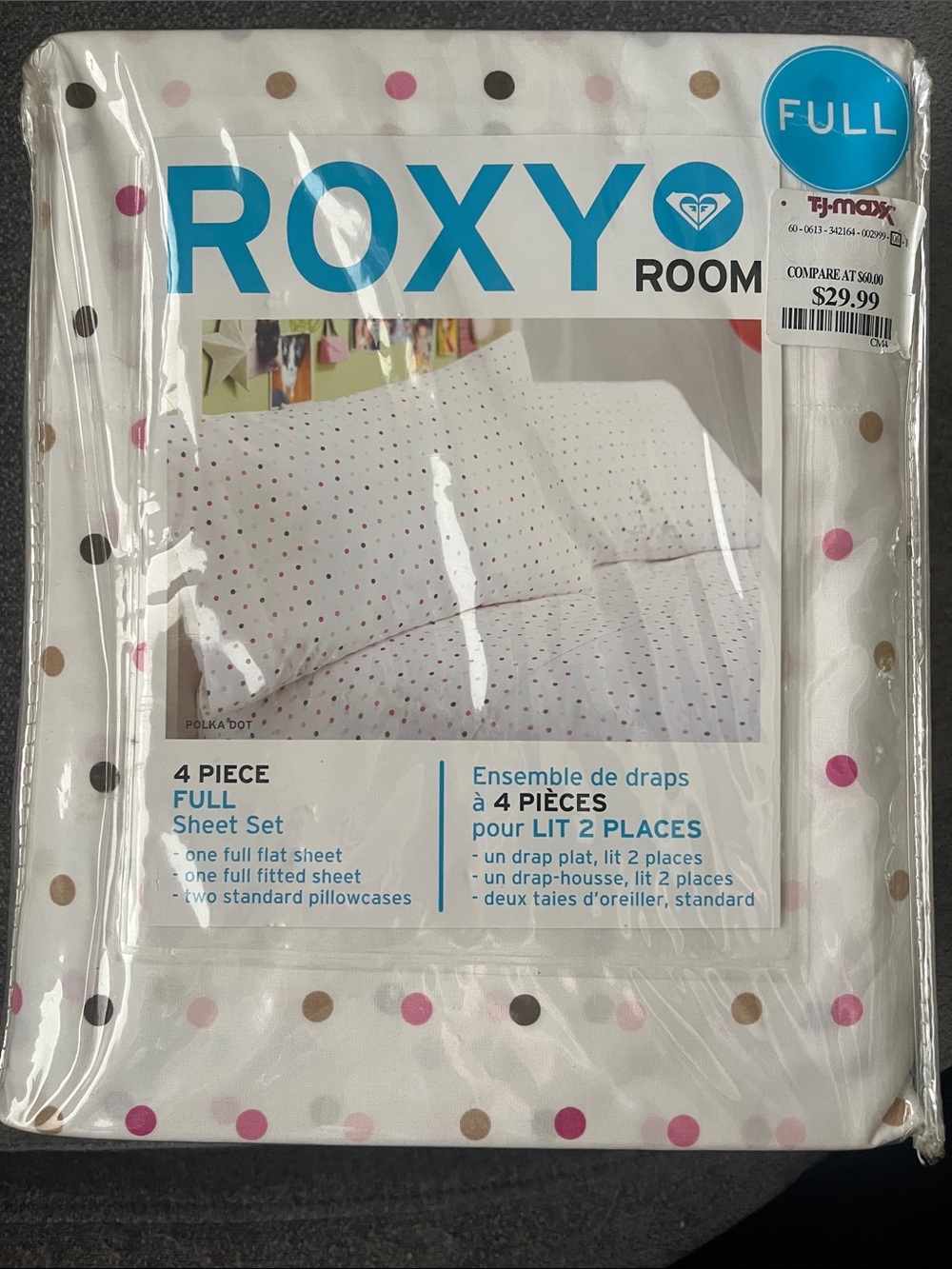 Roxy White Polka Dot Full Sheet Set with Shades of Pink, Tan, and Brown Dots